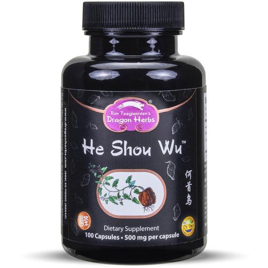 Dragon Herbs He Shou Wu capsules on a desk for daily energy support