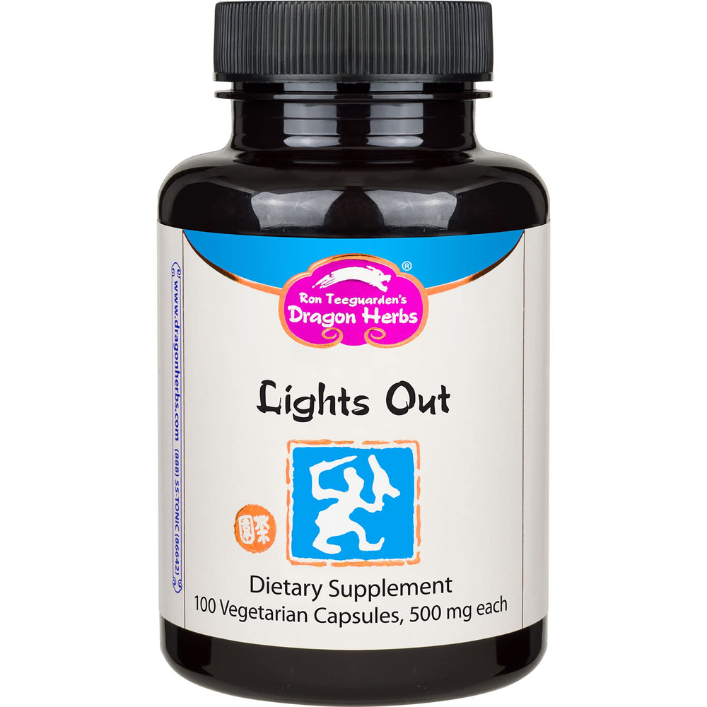 Dragon Herbs Lights Out bottle with capsules, showcasing a sleep-support herbal blend.