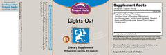 Dragon Herbs Lights Out label close-up highlighting ingredients and dosage details.
