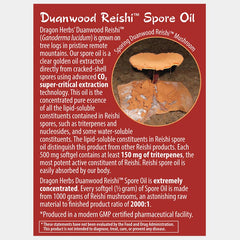 Dragon Herbs Reishi Spore Oil softgel capsules close-up, easy-to-swallow daily supplement.