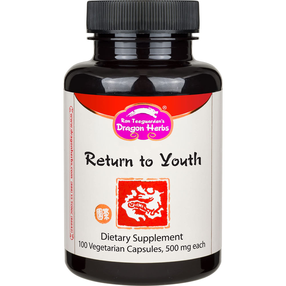 Dragon Herbs Return to Youth capsules bottle showing 100 capsules for daily support