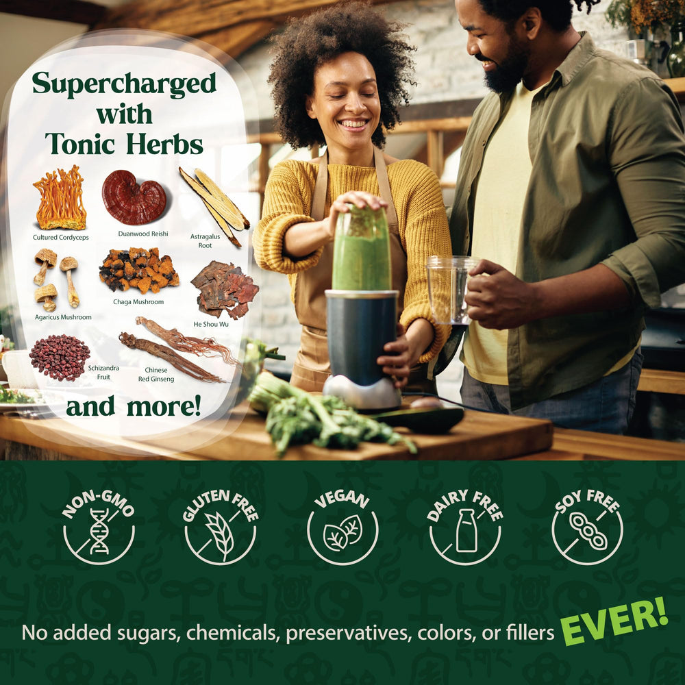 Dragon Herbs Tonic Alchemy in a glass with shake, promoting focus and overall vitality.