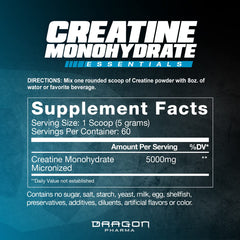 Dragon Pharma Creatine Monohydrate label close-up emphasizing purity