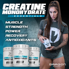 Dragon Pharma Creatine Monohydrate powder with scoop highlights quick mixing