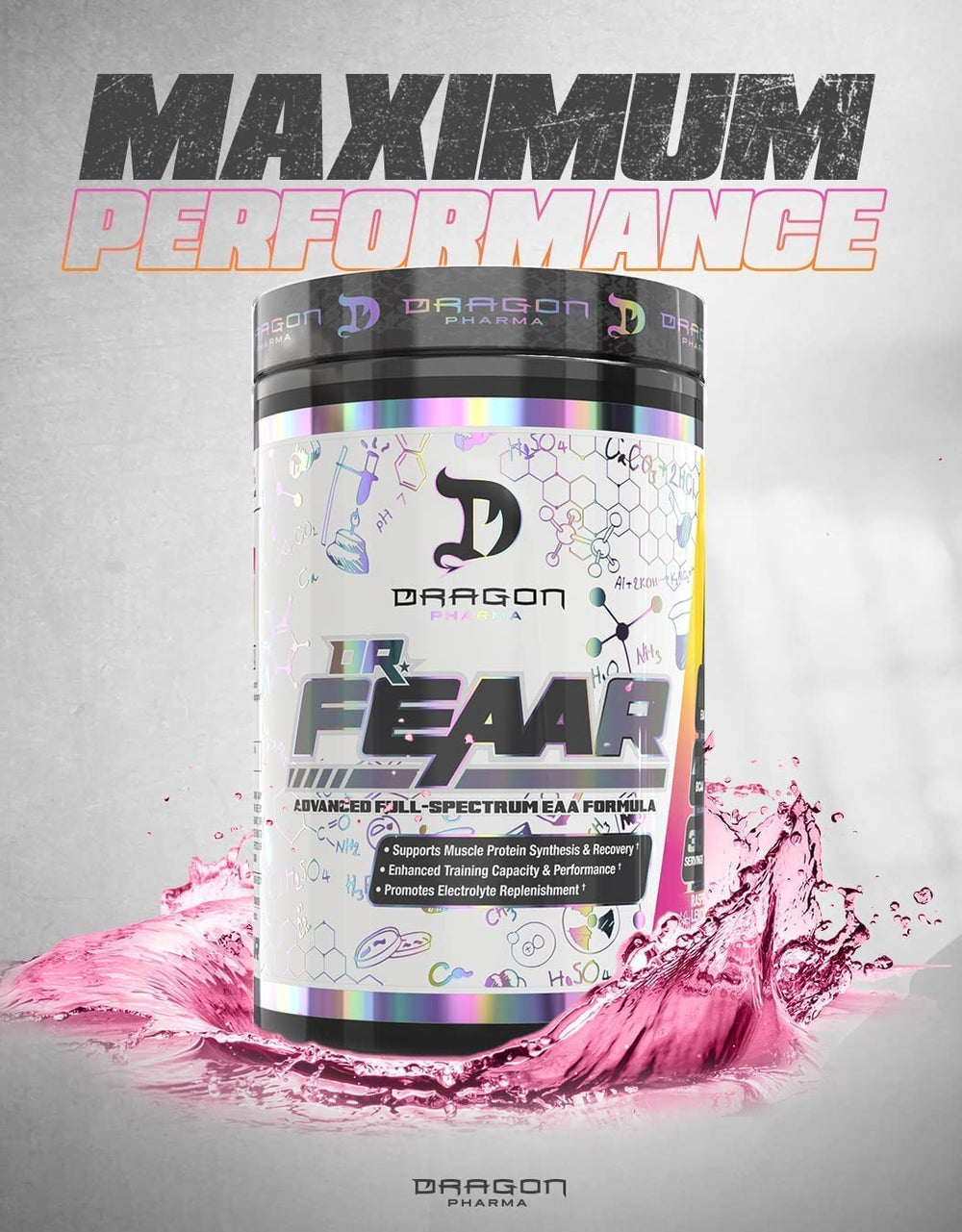 DRAGON PHARMA Dr. FEAAR bottle-closeup highlights the complete amino acid matrix.