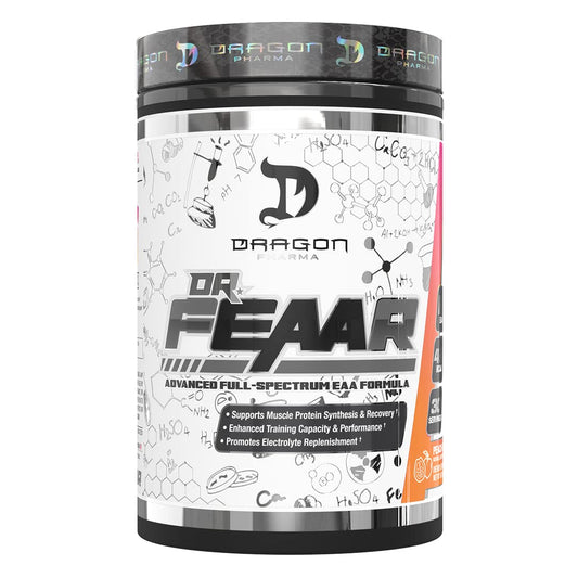 DRAGON PHARMA Dr. FEAAR full-spectrum bottle illustrates the complete amino acid matrix for training support.