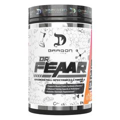 DRAGON PHARMA Dr. FEAAR full-spectrum bottle illustrates the complete amino acid matrix for training support.