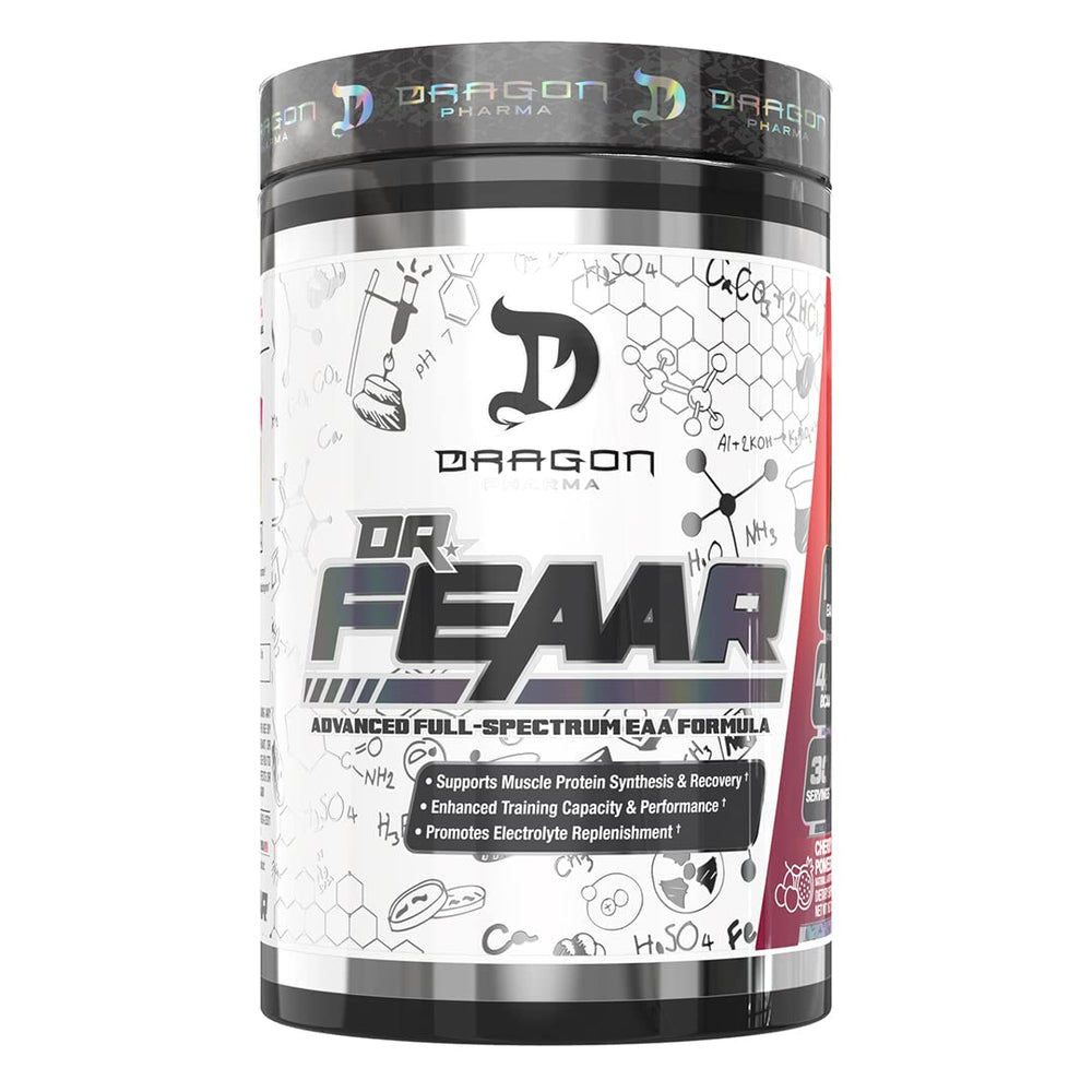 DRAGON PHARMA Dr. FEAAR bottle showing full-spectrum EAA matrix for recovery support