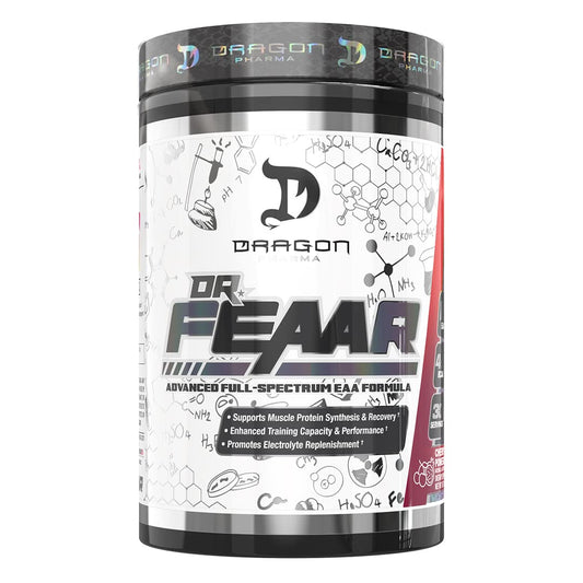 DRAGON PHARMA Dr. FEAAR bottle showing full-spectrum EAA matrix for recovery support