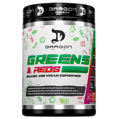 Dragon Pharma Greens and Reds canister front view shows premium organic blend for daily wellness