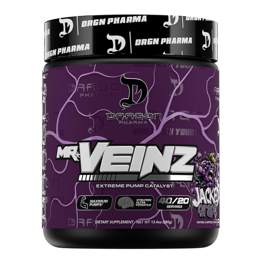Dragon Pharma Mr. Veinz bottle pour demonstrates stimulant-free pre-workout for robust pumps