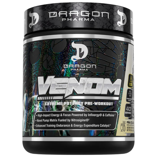 Dragon Pharma Venom Extreme bottle ready for intense workouts with powerful energy.