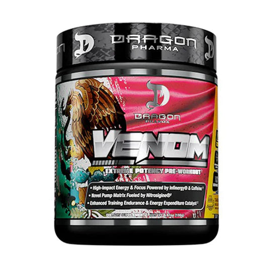 Dragon Pharma Venom Extreme pre-workout bottle in tamarindo aqua fresca flavor for energized workouts.