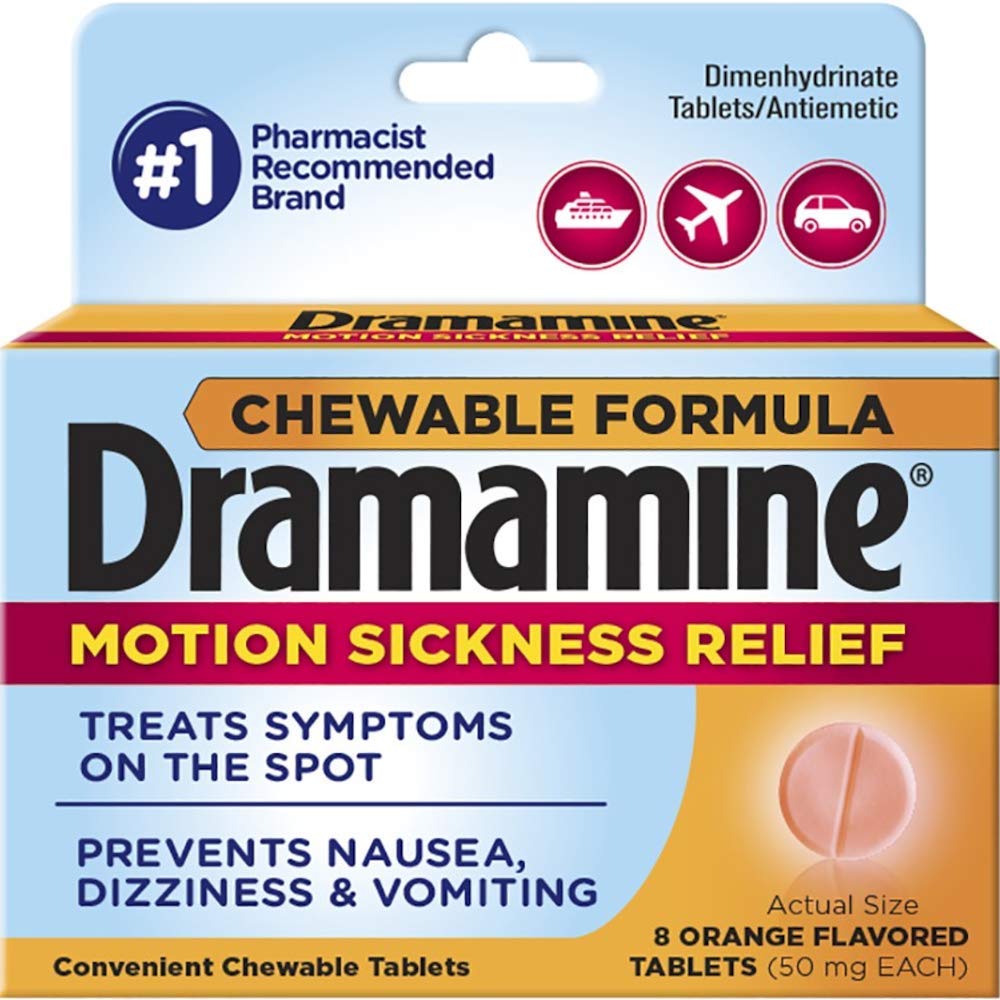Dramamine chewable motion sickness relief bottle for travel, quick relief on the go.