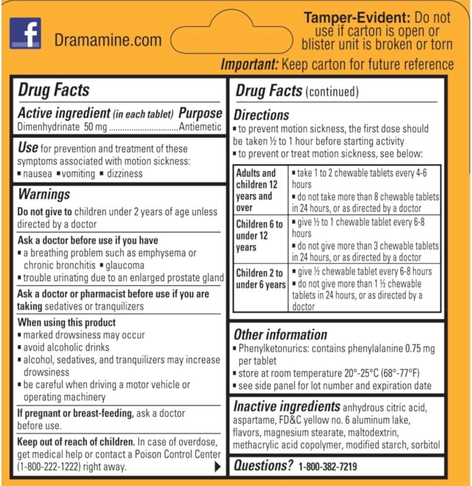 Kid-friendly label on Dramamine indicating suitability for ages 2+