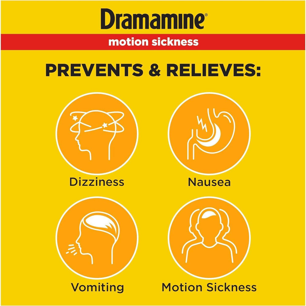 Dramamine orange-flavor chewables for portable nausea relief