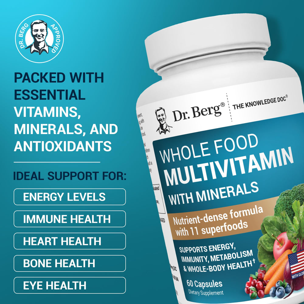 Dr. Berg Whole Food Multivitamin bottle label close-up highlighting ingredients.