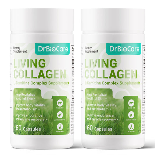 DrBioCare Living Collagen L-Carnitine Complex bottle label supports daily wellness