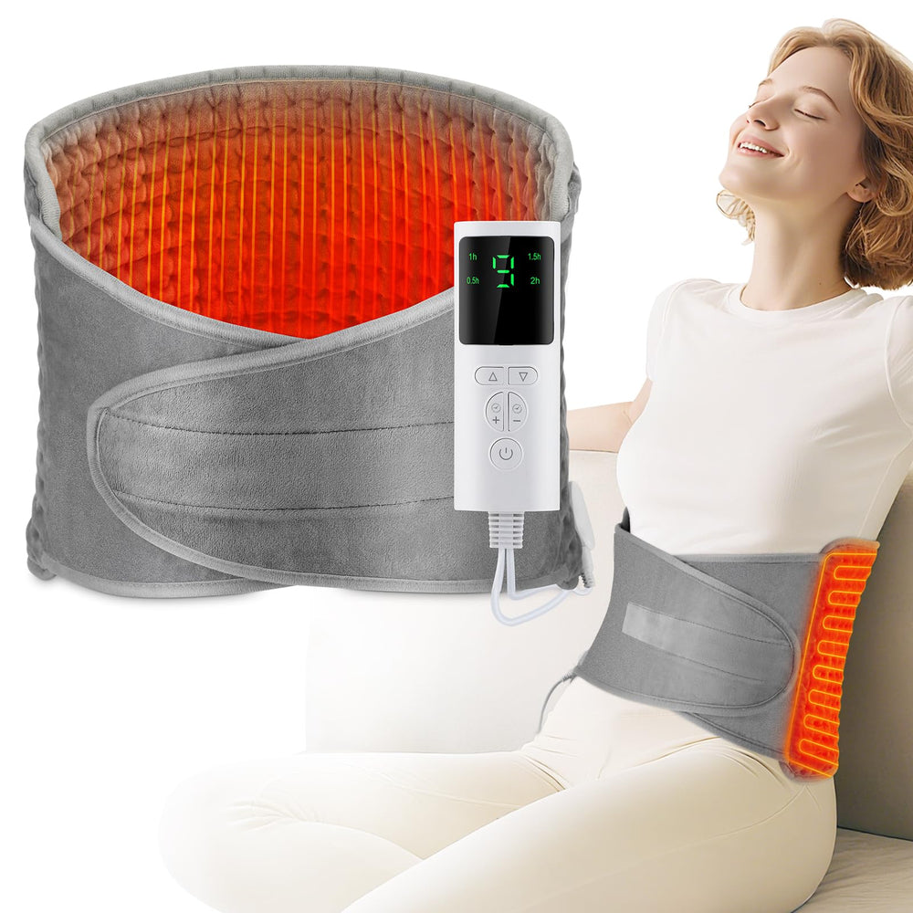DreamSome heating pad securely wrapped around the lower back for targeted warmth.