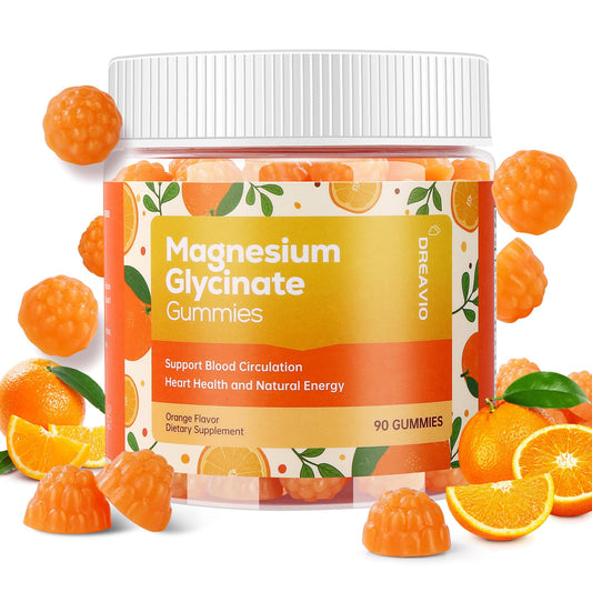 DREAVIO magnesium glycinate gummies orange bottle promoting relaxation and daily wellness.