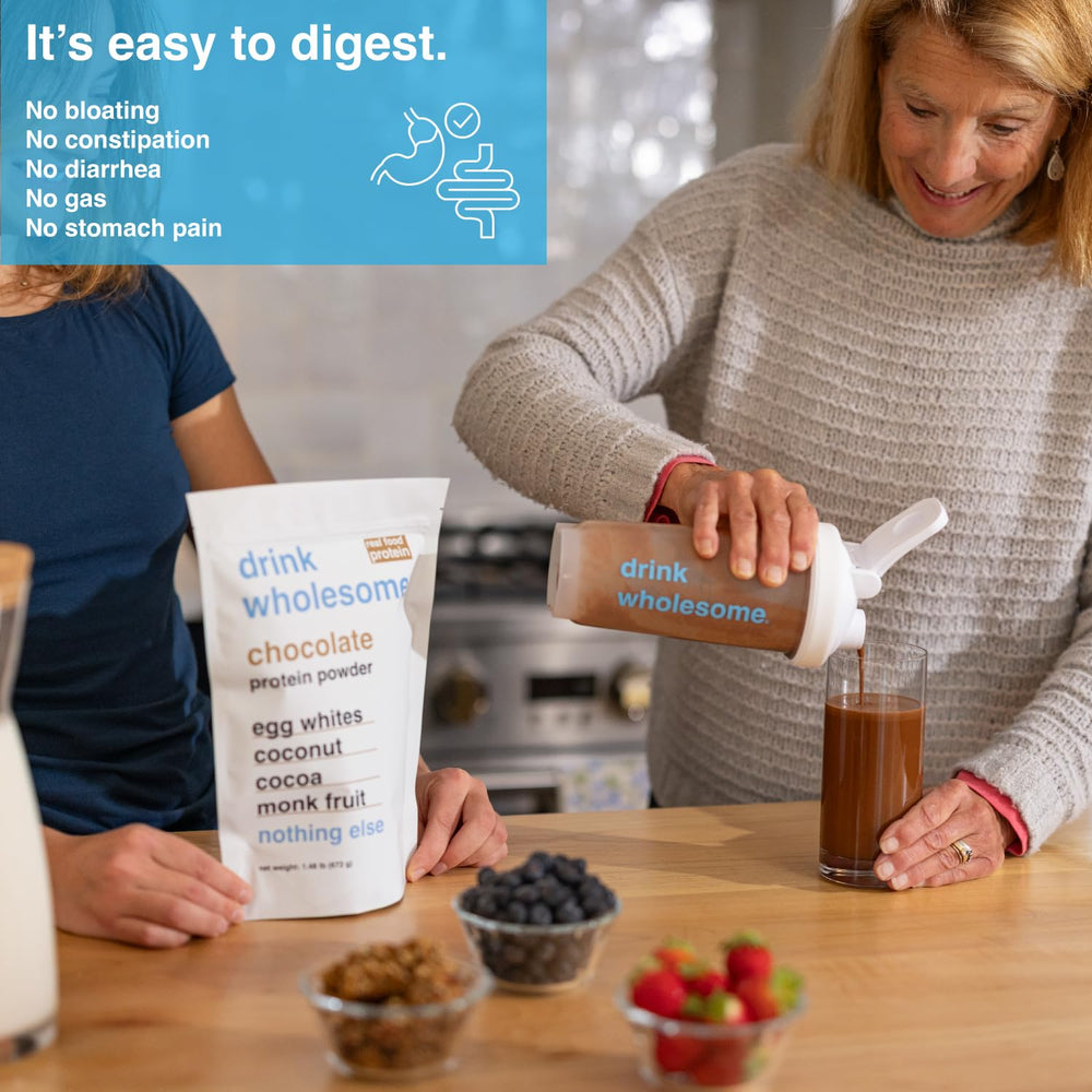 Drink Wholesome Chocolate Egg White Protein Powder being poured into a shaker for a smooth post-workout drink