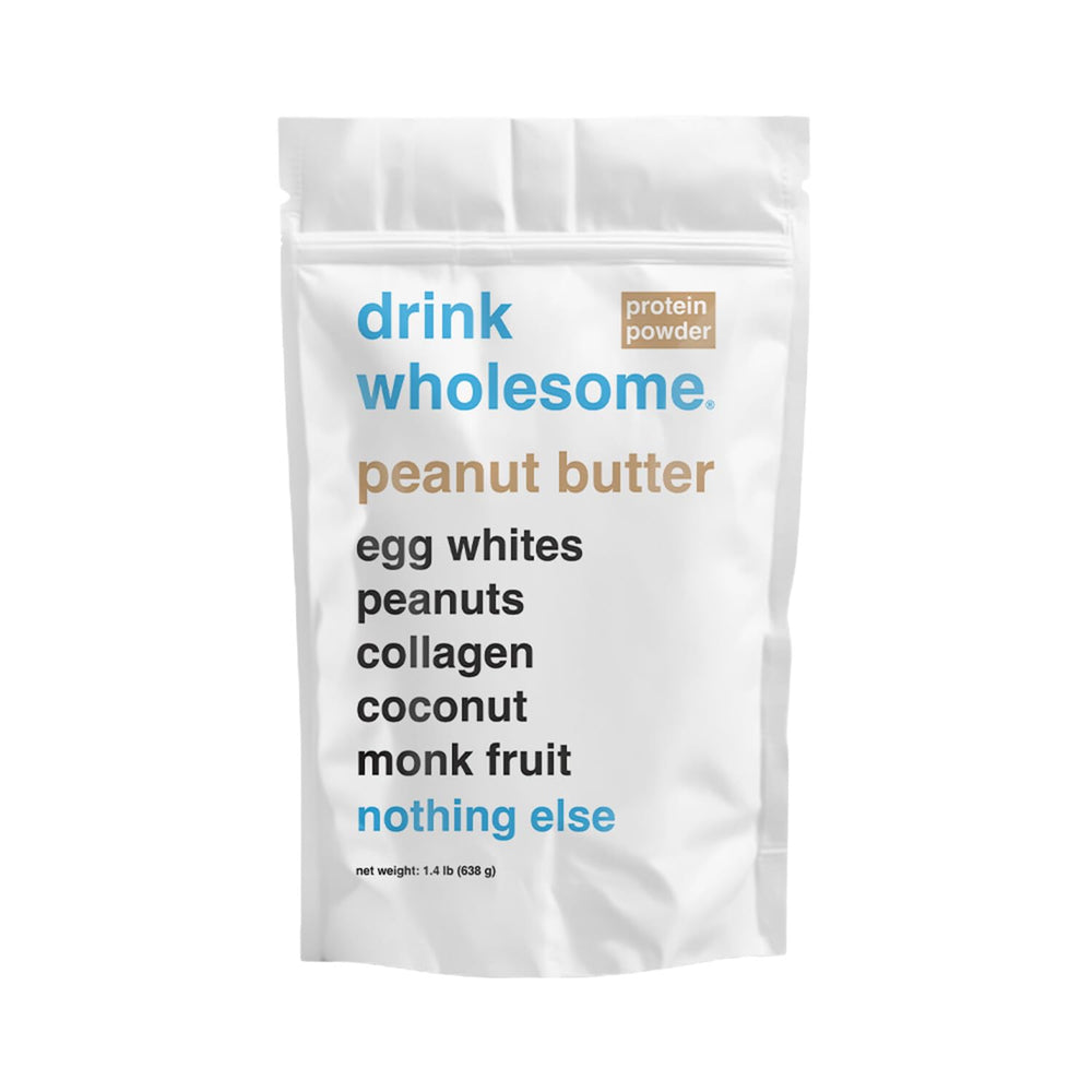 Drink Wholesome peanut butter egg white protein powder bottle highlights easy digestion and clean ingredients.