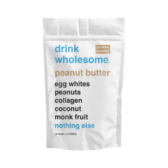 Drink Wholesome peanut butter egg white protein powder bottle highlights easy digestion and clean ingredients.