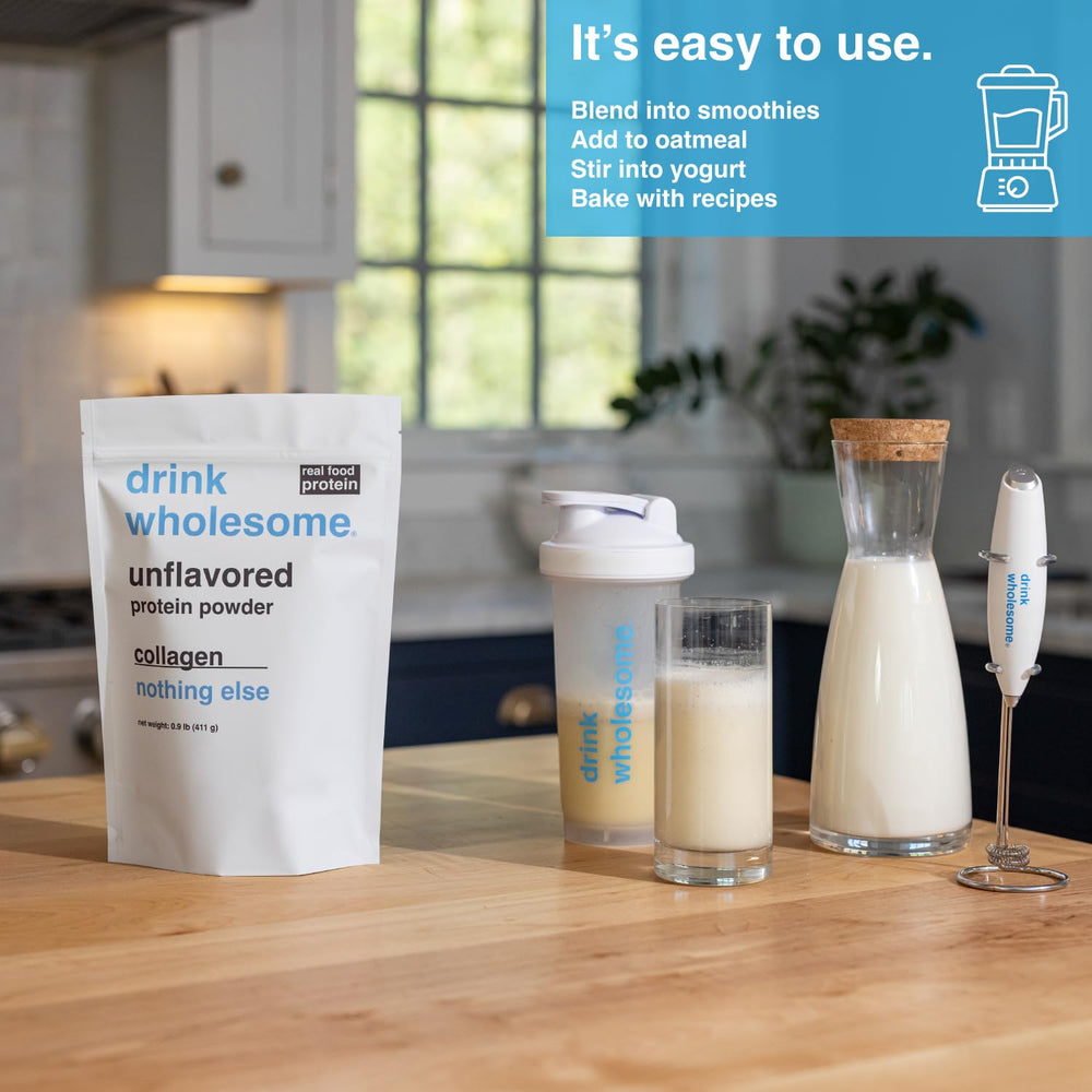 Drink Wholesome collagen powder label on jar highlights clean ingredients.