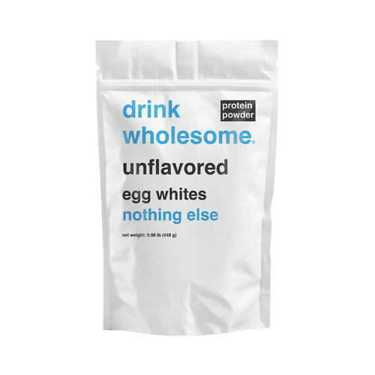 Drink Wholesome unflavored egg white protein bottle; easy-to-digest, sensitive-stomach friendly.