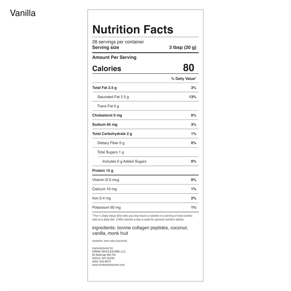 Close-up of vanilla collagen powder showing fine, minimally-processed texture