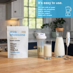 Glass of vanilla shake made with Drink Wholesome collagen powder, dairy-free option