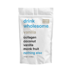 Drink Wholesome Vanilla Collagen Powder tub front showing clean packaging for sensitive stomachs