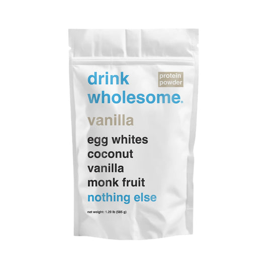 drink wholesome Vanilla Egg White Protein Powder bottle highlights clean ingredients for sensitive stomachs