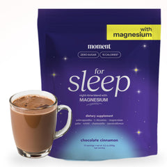 Drink Your Meditation Moment Sleep Powder pack shot highlighting zero sugar and keto-friendly cocoa