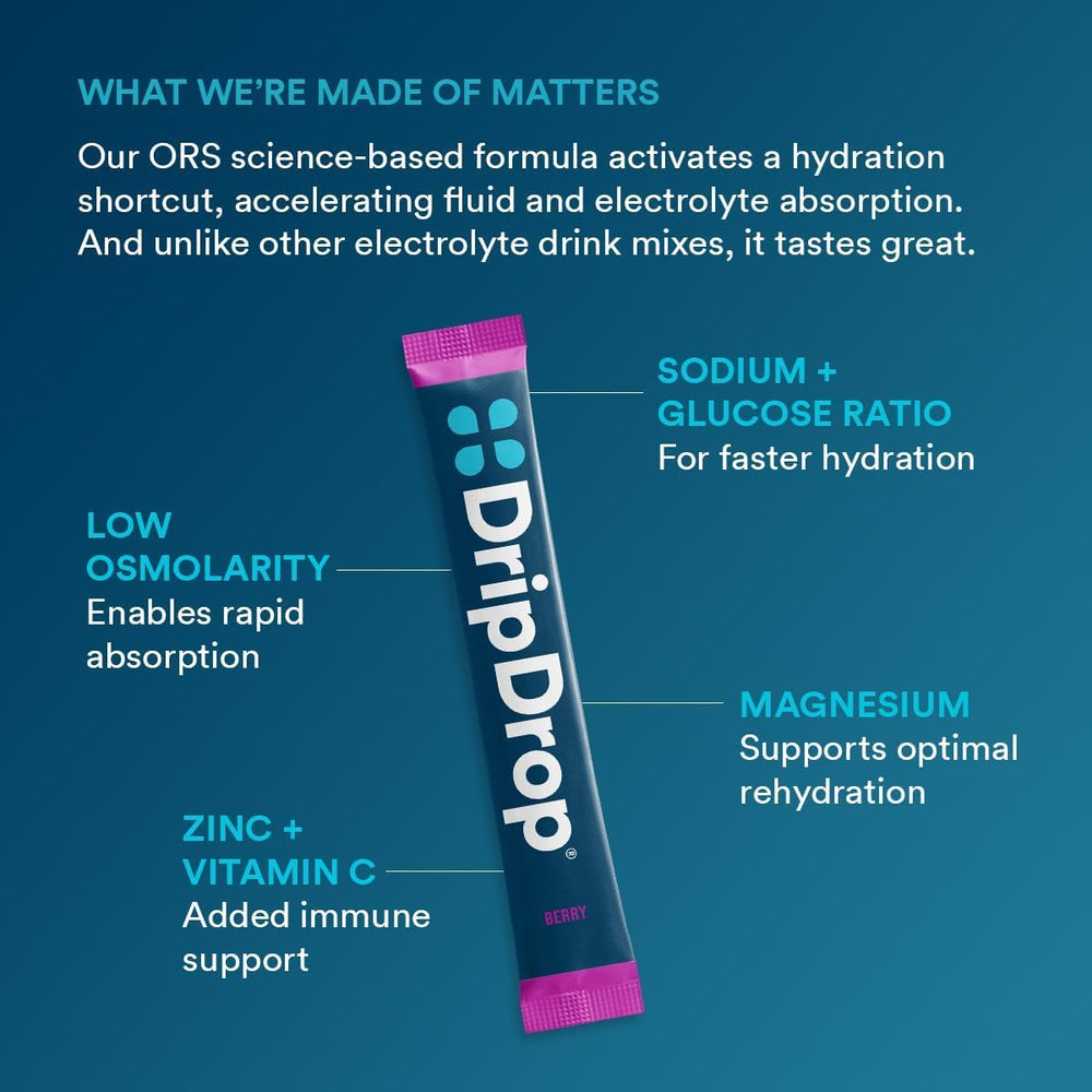 DripDrop Berry single-serve packets shown with travel gear