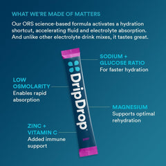 DripDrop Berry single-serve packets shown with travel gear