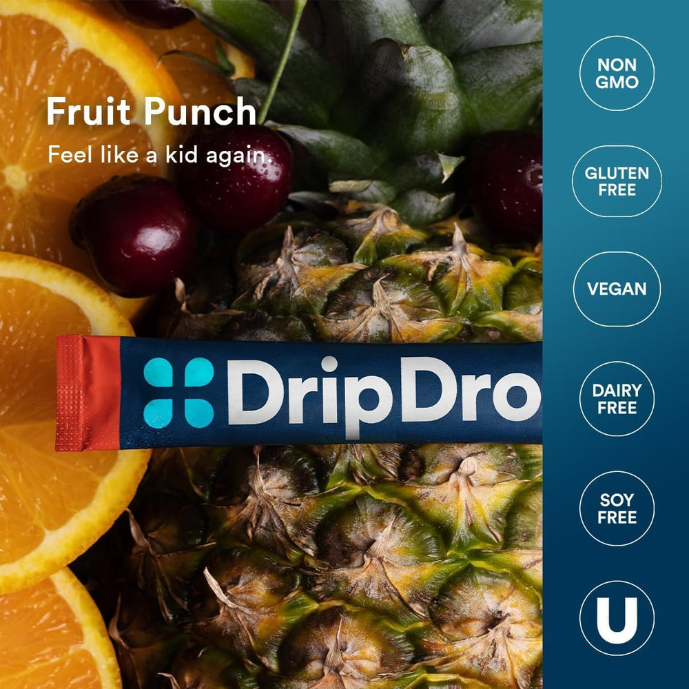 DripDrop Fruit Punch packaging and bottle on a hiking trail.