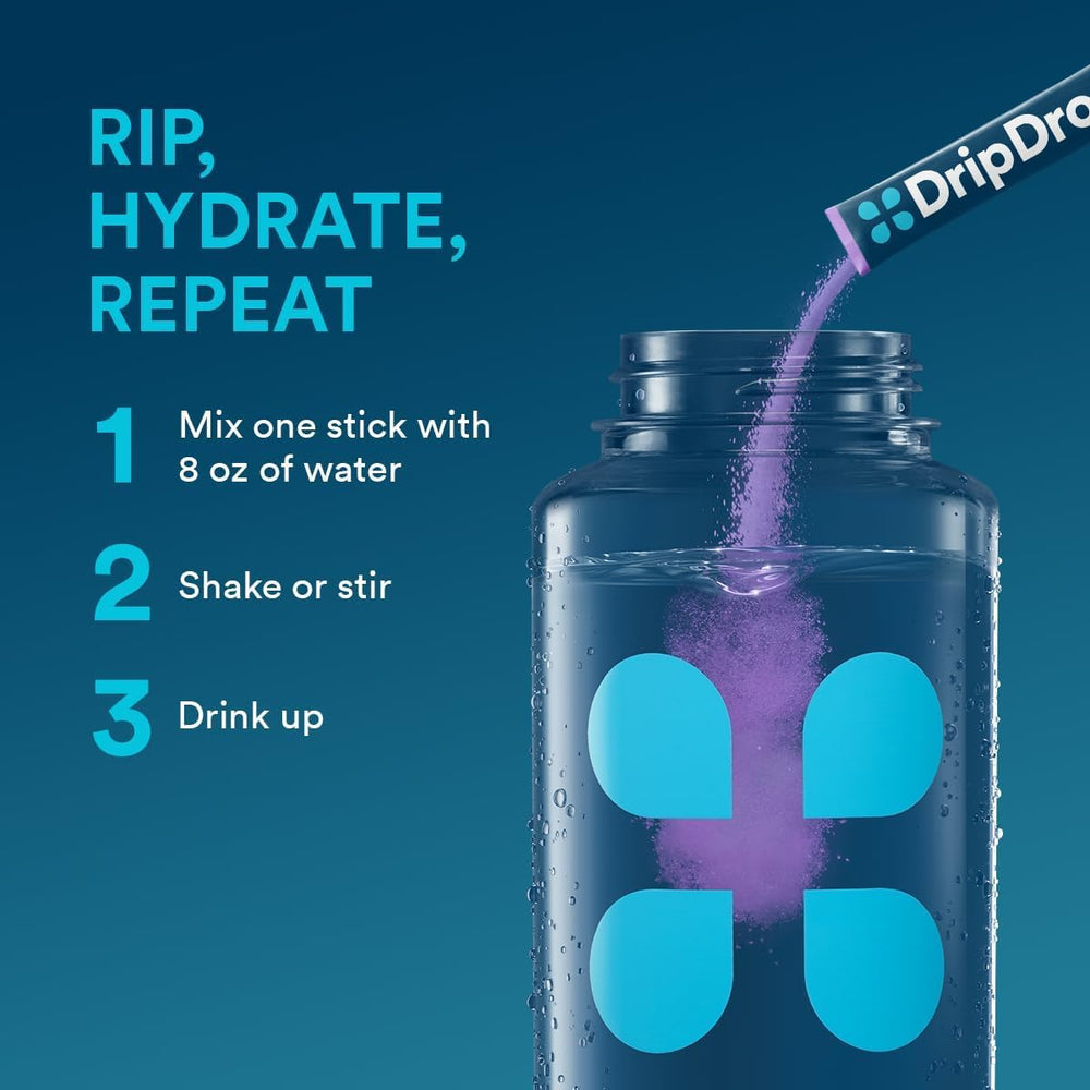 DripDrop Grape 32-pack box for convenient on-the-go hydration.