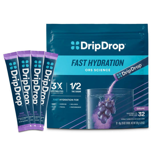 DripDrop Grape single-serve packet for quick hydration on the go.