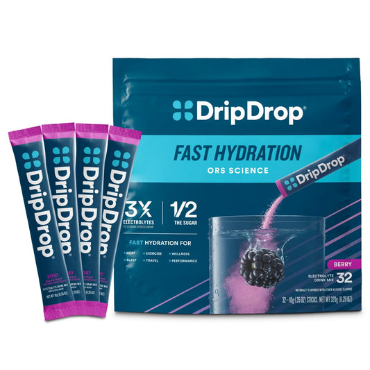 DripDrop Berry hydration packets on the go for quick electrolyte support