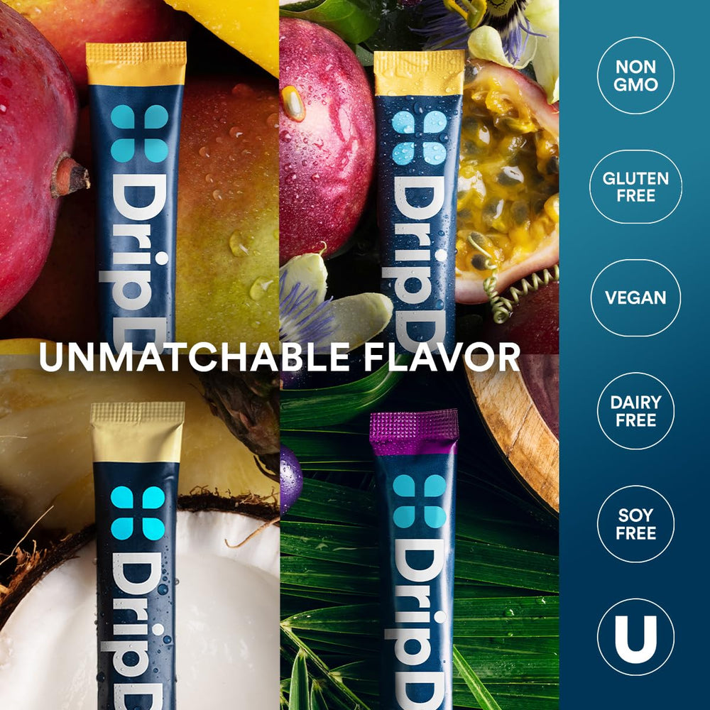 DripDrop ingredients panel showing non-GMO, vegan formula and minerals.