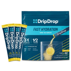 DripDrop Lemon packet closeup showing portable hydration for active days.