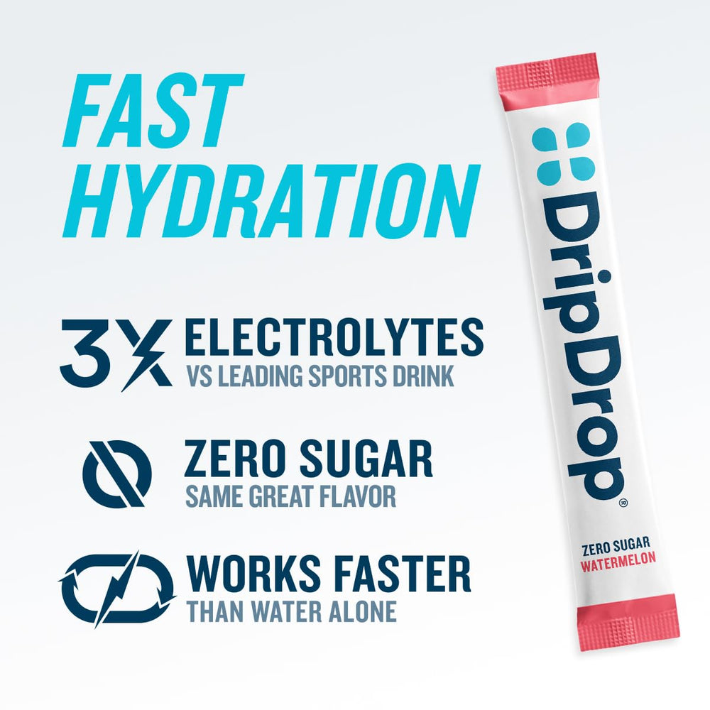 DripDrop sugar-free watermelon powder packet being poured into water.