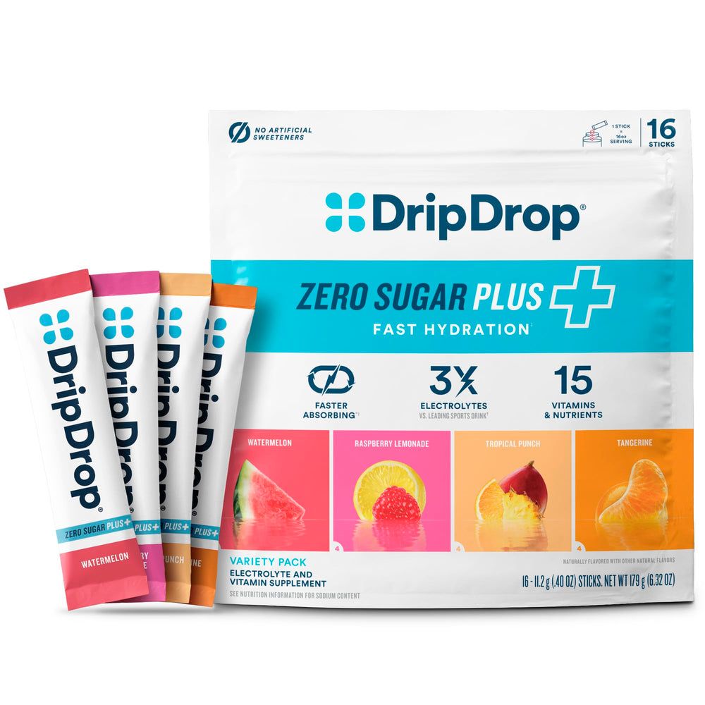 DripDrop Zero Sugar Plus watermelon packet for quick, sugar-free hydration during workouts.