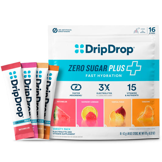 DripDrop Zero Sugar Plus watermelon packet for quick, sugar-free hydration during workouts.