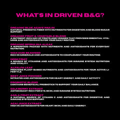 Shot of the Driven Nutrition B&G ingredients label highlighting organic berries and greens.