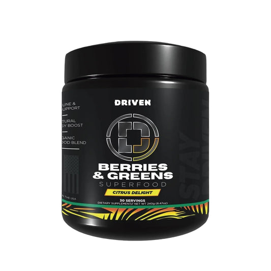 Driven Nutrition B&G powder tub on kitchen counter for an energizing, recovery-friendly smoothie.