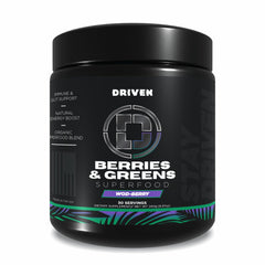 Driven B&G Berries & Greens powder tub showing organic greens for daily energy.