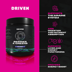 Driven B&G organic berries and greens highlight clean, plant-based ingredients.