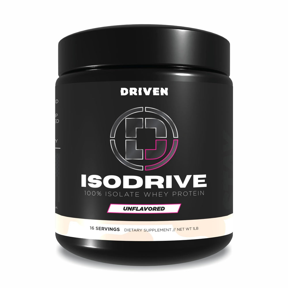 Driven Nutrition ISODRIVE bottle highlights premium whey isolate for clean, rapid fueling.